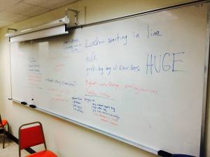 Prof. Marty Langford and his students filled the blackboard during on brainstorming session.