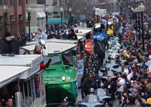 Patriots and their fans celebrate with a parade in Boston.