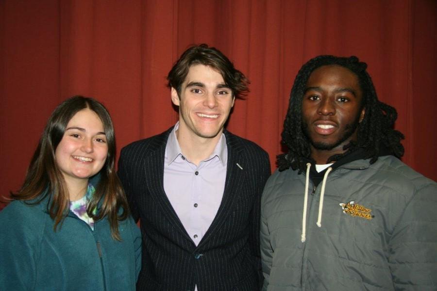 AIC students Grace Belt and Devonte Dillion with RJ Mitte in the Griswold Theater.