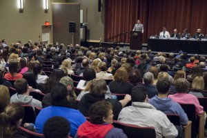 AIC President Vincent Maniaci speaks to the campus community at a recent safety session.