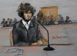 Dzhokhar Tsarnaev as depicted at his trial in Boston. 