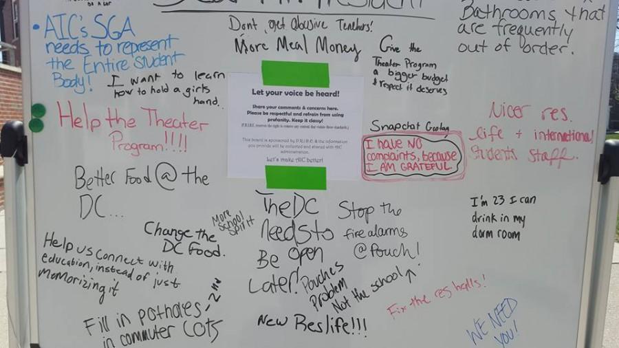 A sampling of the notes from Monday, April 18, left on the Dear President whiteboard located right outside the campus center.