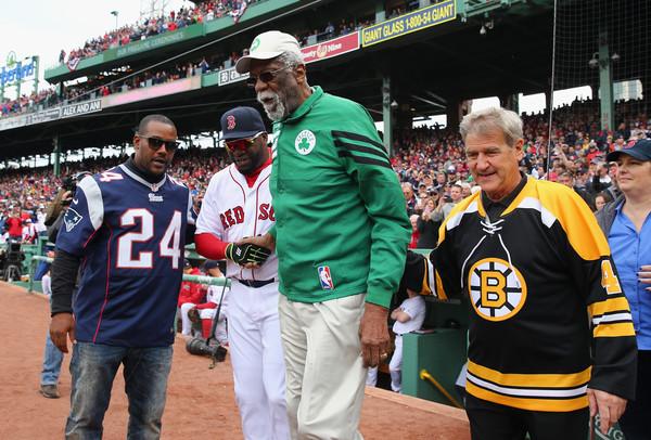 A group of Boston legends took to the field on opening day at Fenway -- Law, Ortiz, Russell and Orr.