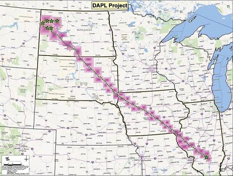 A map of the pipeline's proposed route through the midwest, courtesy http://www.daplpipelinefacts.com/about/route.html