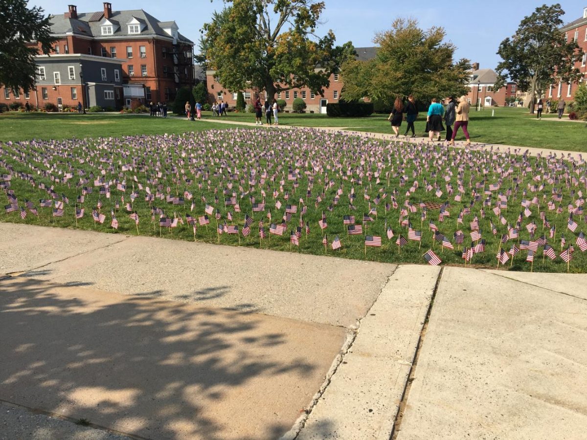 Flags on the Quad in memory of the lives lost on September 11, 2001.