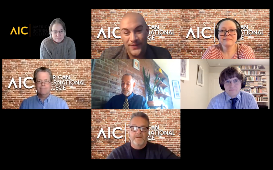 Screenshot from Meet the faculty Zoom Meeting. (Top row left to right: Lori Paige, Frank
Borelli, Kat Lombard-Cook) (Middle row left to right: John Nordell, Bruce Johnson, William
Steffen) (Bottom Row: Marty Langford)
(Avé Mullen)