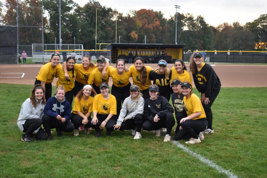 Former and current Yellow Jackets attend the AIC Women’s Alumna Softball Game.