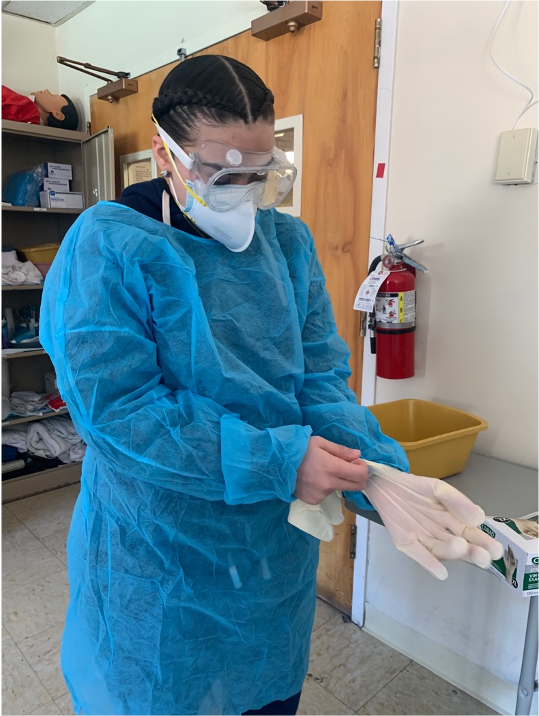 Dianny Marie pulls on her personal protective equipment.